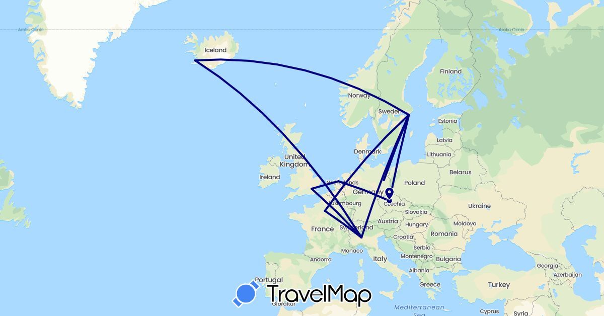 TravelMap itinerary: driving in Czech Republic, Germany, France, United Kingdom, Iceland, Italy, Netherlands, Sweden (Europe)
